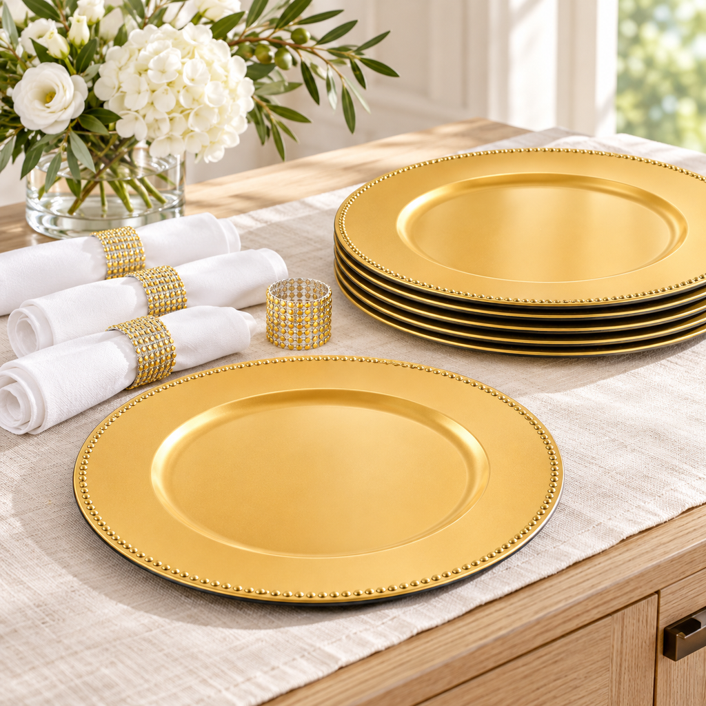 Gold beaded plastic chargers and open-mesh napkin rings arranged on a service console. Napkins, linen and flowers are styling props, not included.