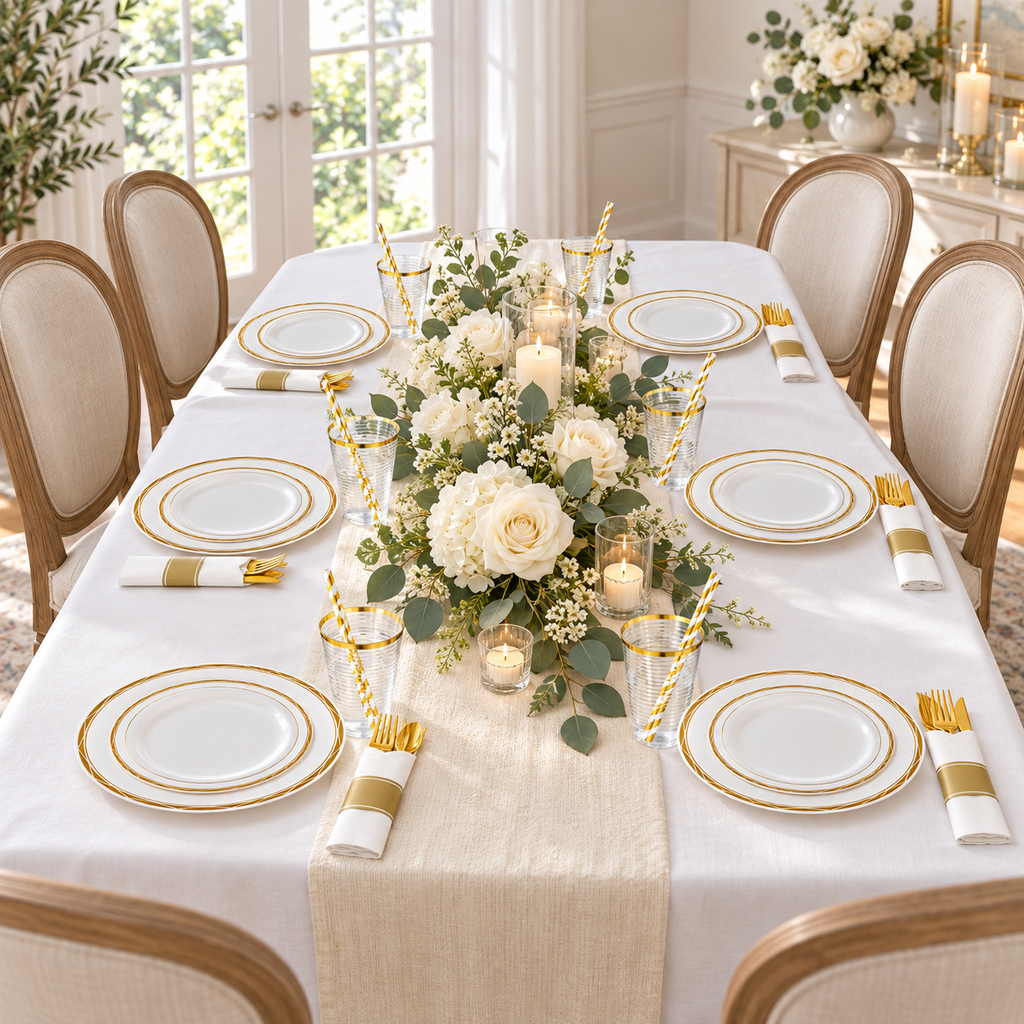White and gold diamond-rimmed disposable dinnerware on a full dining table. Food, flowers and extra decor are styling props, not included.