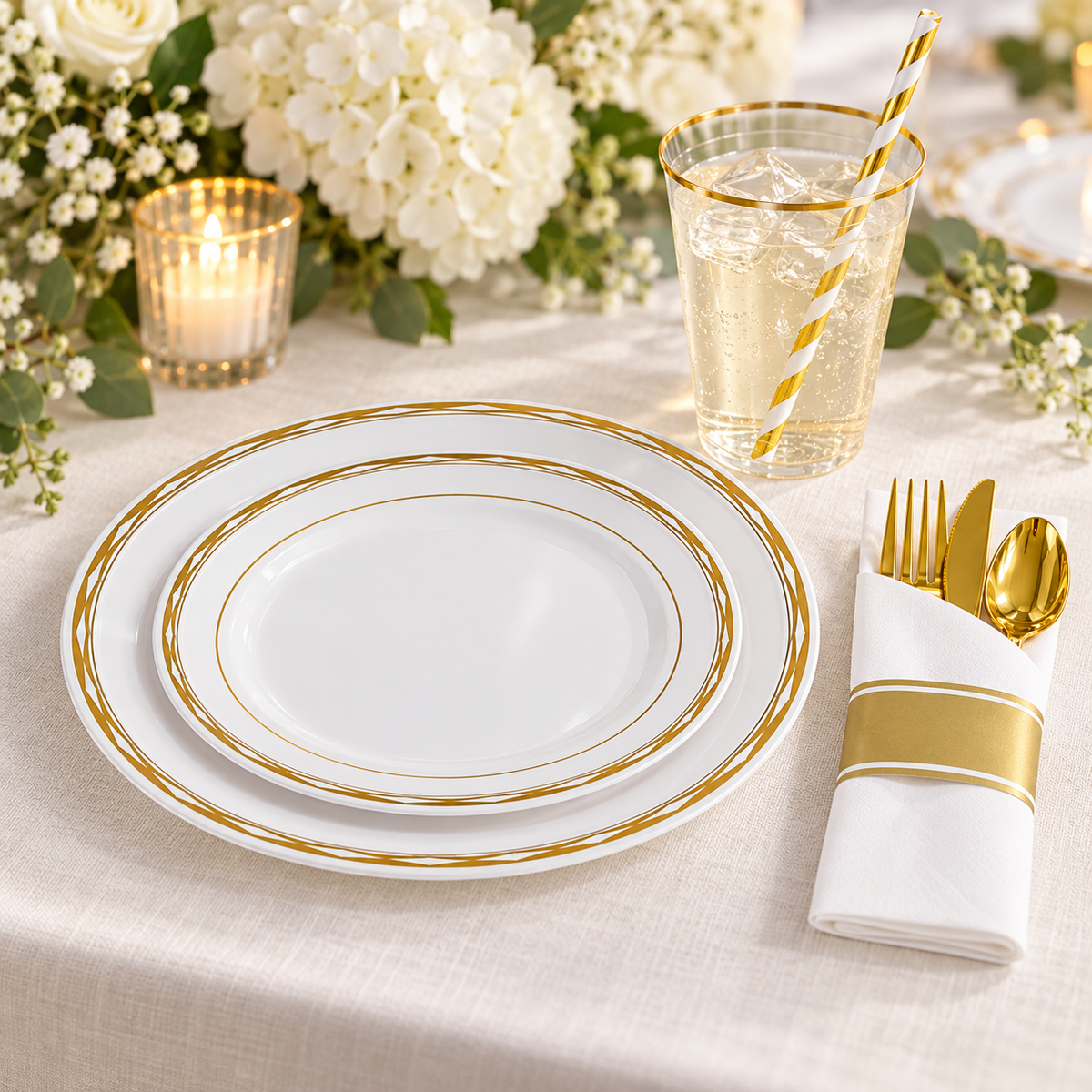 White and gold diamond-rimmed plates with matching party tableware in a close setting. Food, flowers and extra decor are styling props, not included.