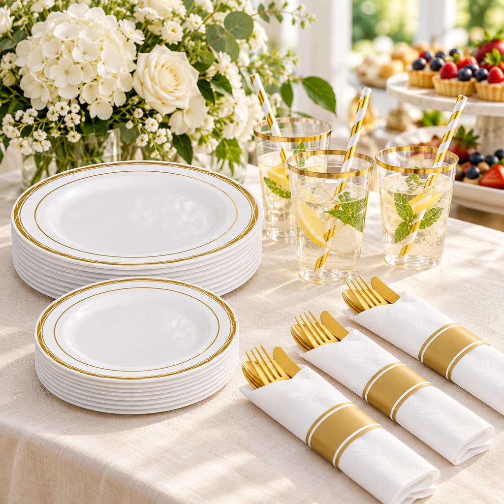 White and gold disposable dinnerware with patterned rims at a buffet. Food, flowers and extra decor are styling props, not included.