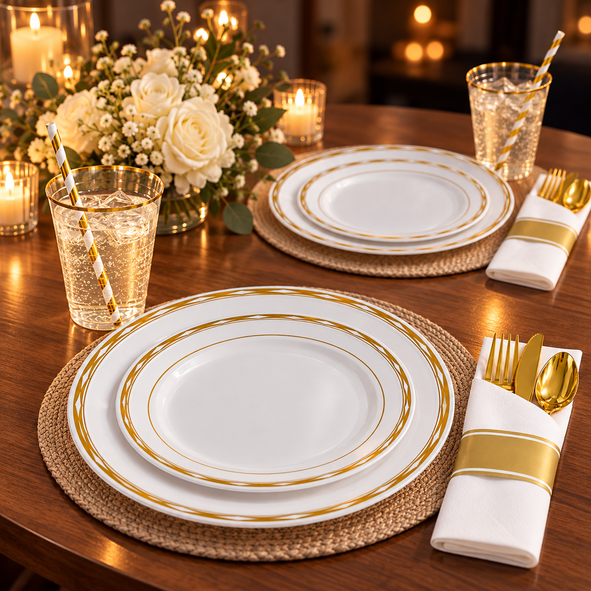 White and gold diamond-rimmed disposable dinnerware at a candlelit evening table. Drinks, flowers, candles, placemats and furniture are styling props, not included.