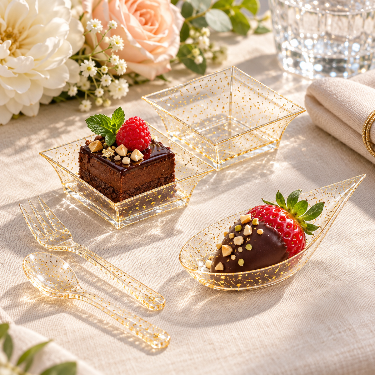 Gold Mini Appetizer Plates with Forks, 100 pc in a styled product photograph. Food, flowers and extra decor are styling props, not included.