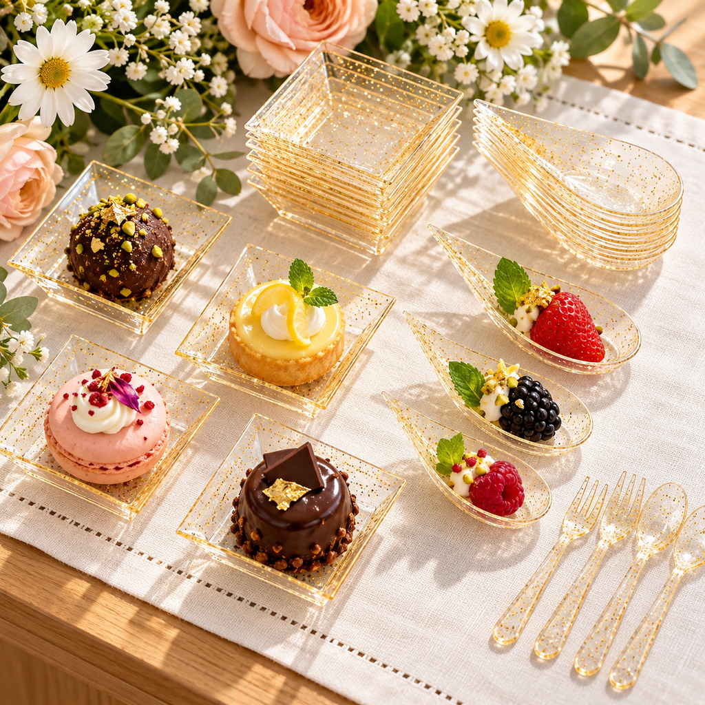 Gold Mini Appetizer Plates with Forks, 100 pc in a styled product photograph. Food, flowers and extra decor are styling props, not included.