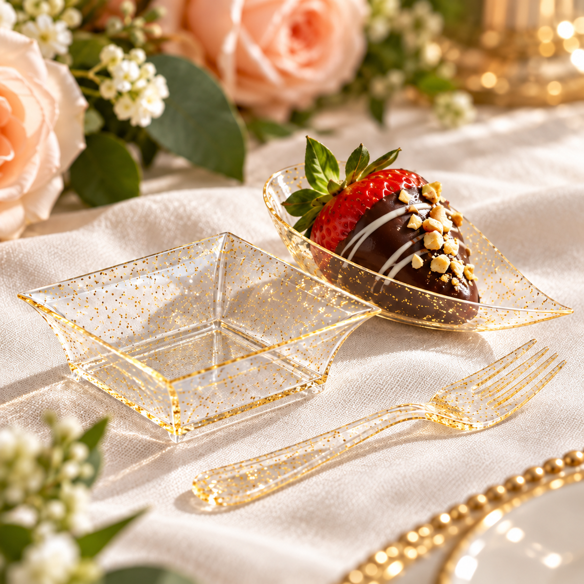 Gold Mini Appetizer Plates with Forks, 100 pc in a styled product photograph. Food, flowers and extra decor are styling props, not included.