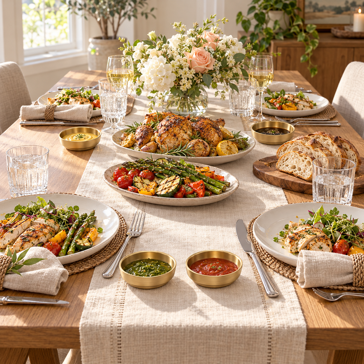 Gold stainless steel sauce dishes on a full dining table. Food, dinnerware and extra decor are styling props, not included.