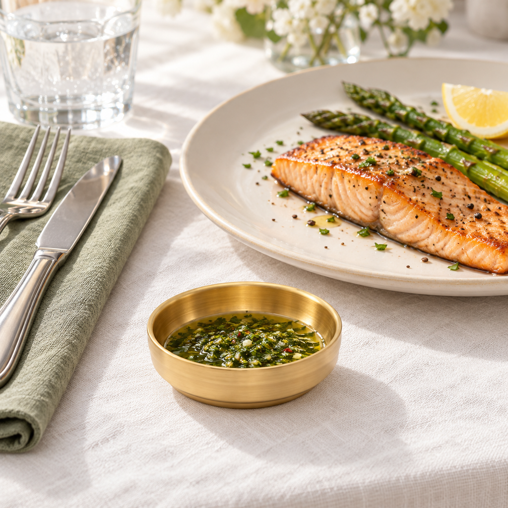 Small gold stainless steel sauce dish beside an individual place setting. Food, dinnerware and extra decor are styling props, not included.