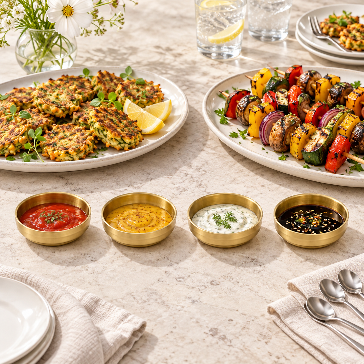 Gold stainless steel sauce dishes at a condiment station. Food and extra styling accessories are not included.