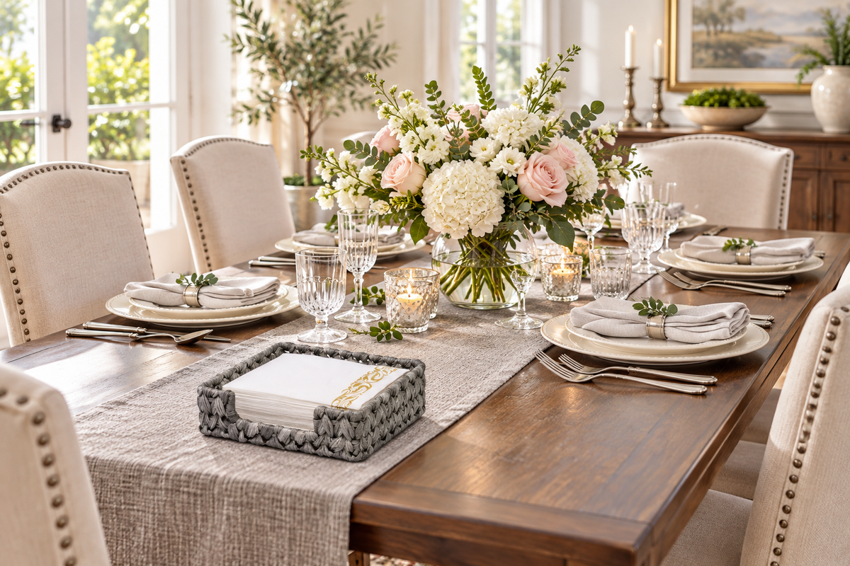 Gray woven rectangular napkin holder on a fully styled dining table. Napkins and styling accessories are not included.