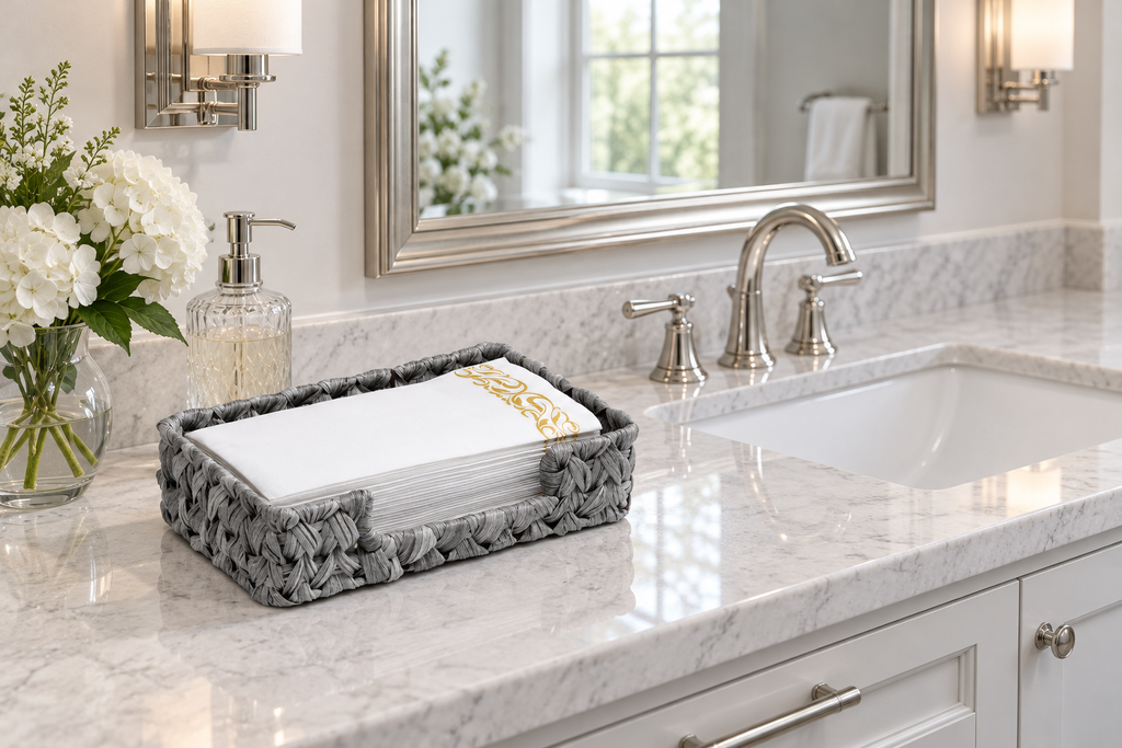 Gray woven rectangular guest napkin holder on a bathroom counter. Napkins and styling accessories are not included.