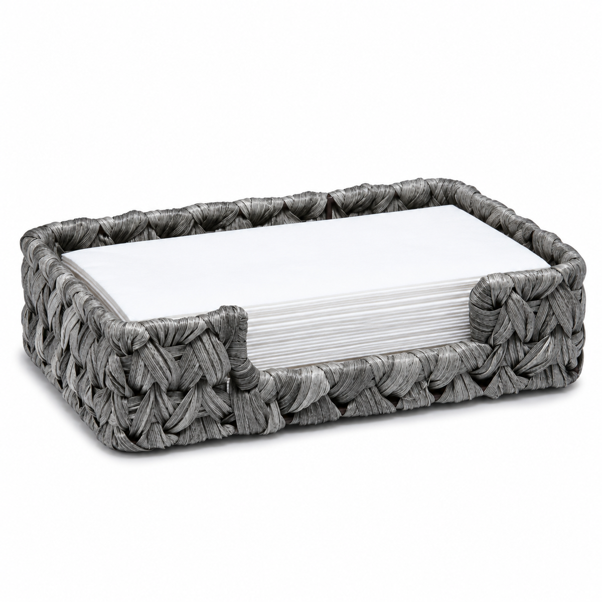 Grey woven guest towel tray with lowered front notch on a white background. Paper towels are styling props and not included.