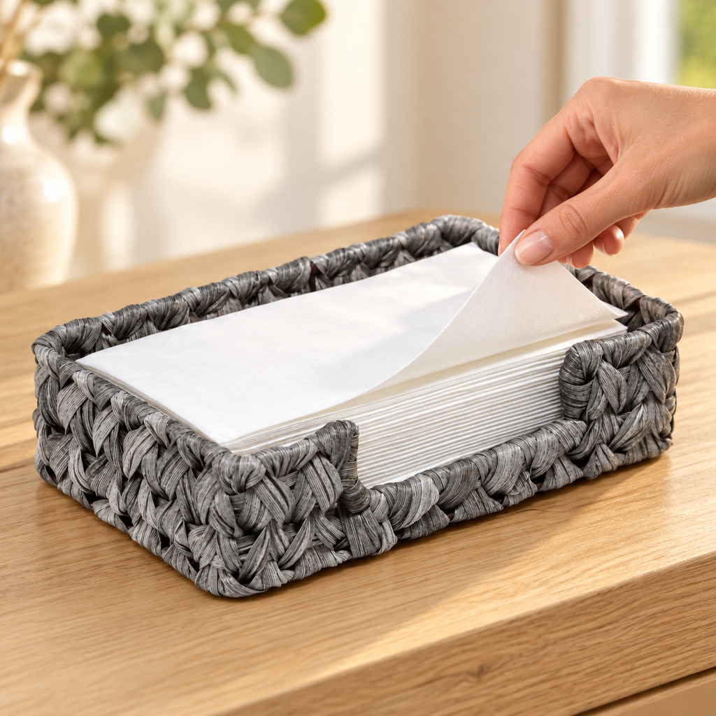 A hand lifting a paper guest towel from the grey woven tray, showing the lowered front access notch. Paper towels and accessories are not included.