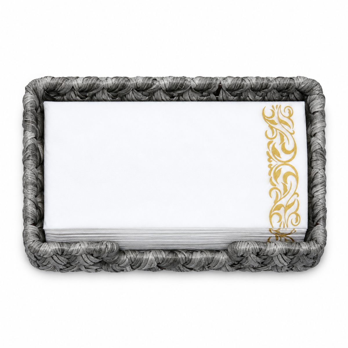 Top-down view of the rectangular grey woven guest towel tray filled with paper towels. Paper towels are styling props and not included.