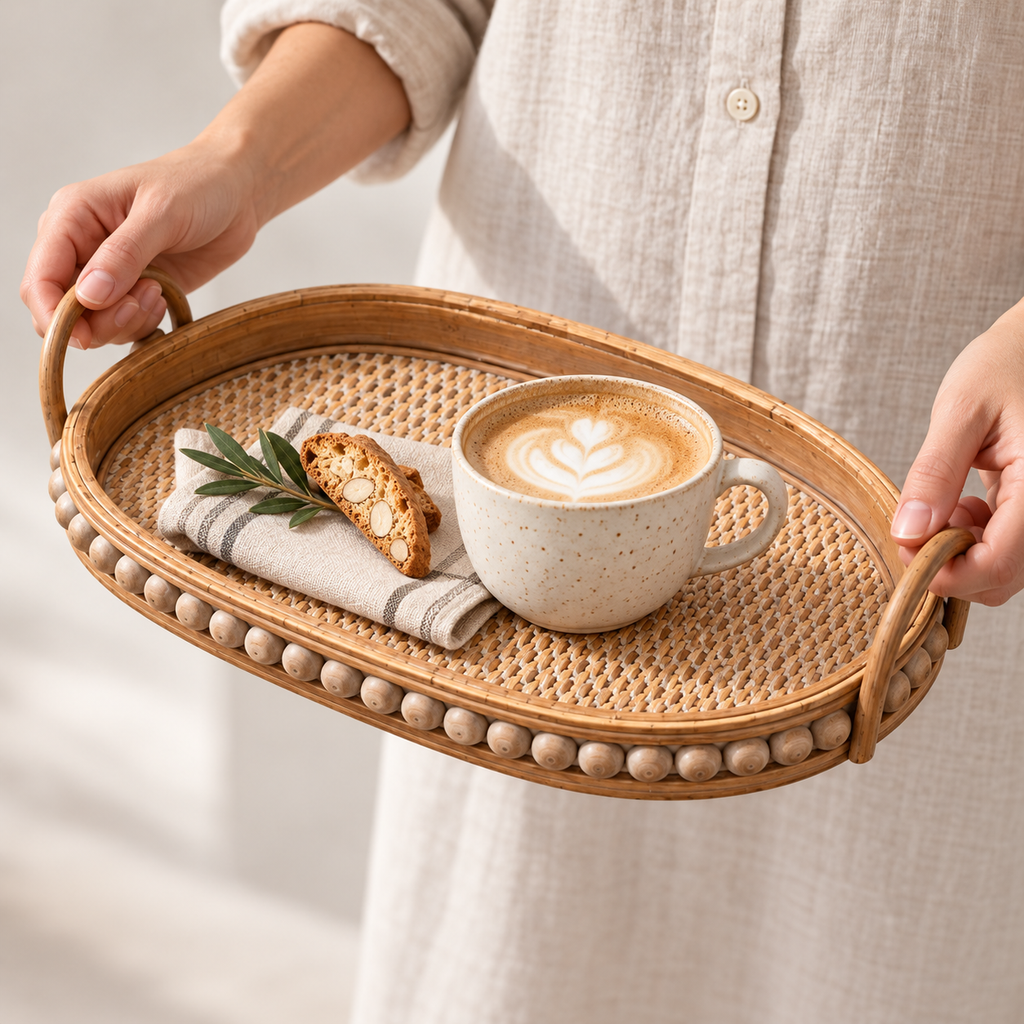Hands carrying one rattan and wood tray with coffee; cup and food not included.