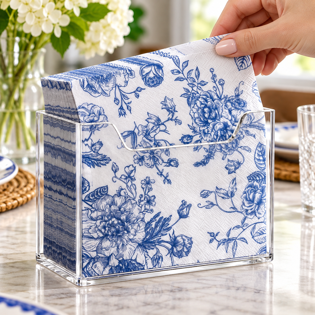 Hand taking a floral paper napkin from the clear acrylic holder; napkins not included.