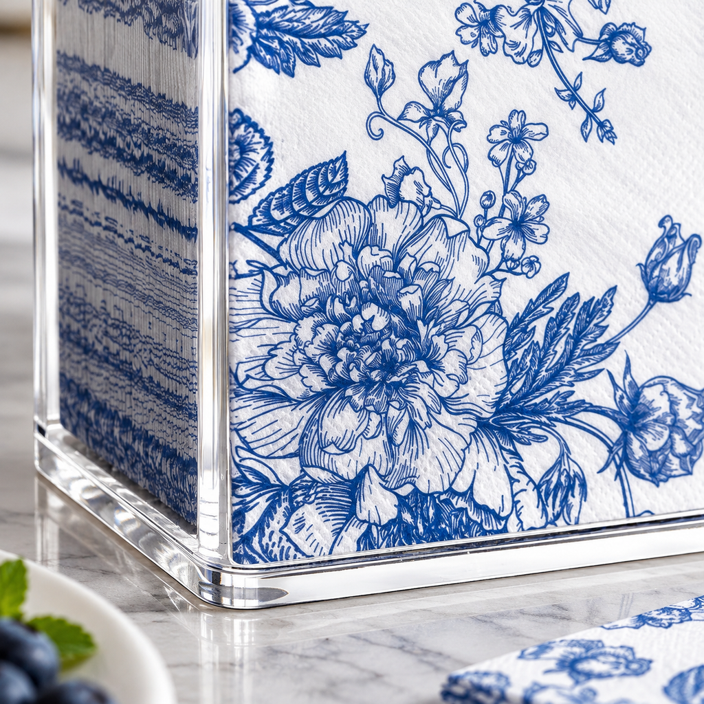 Close-up of the acrylic napkin holder's front corner and lower edge; napkins not included.