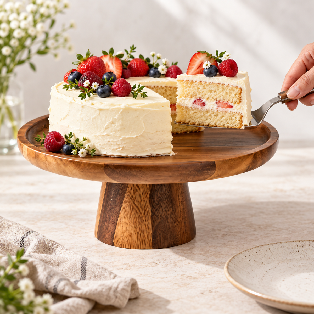 Hand serving cake from an acacia wood pedestal stand; cake and utensils not included.