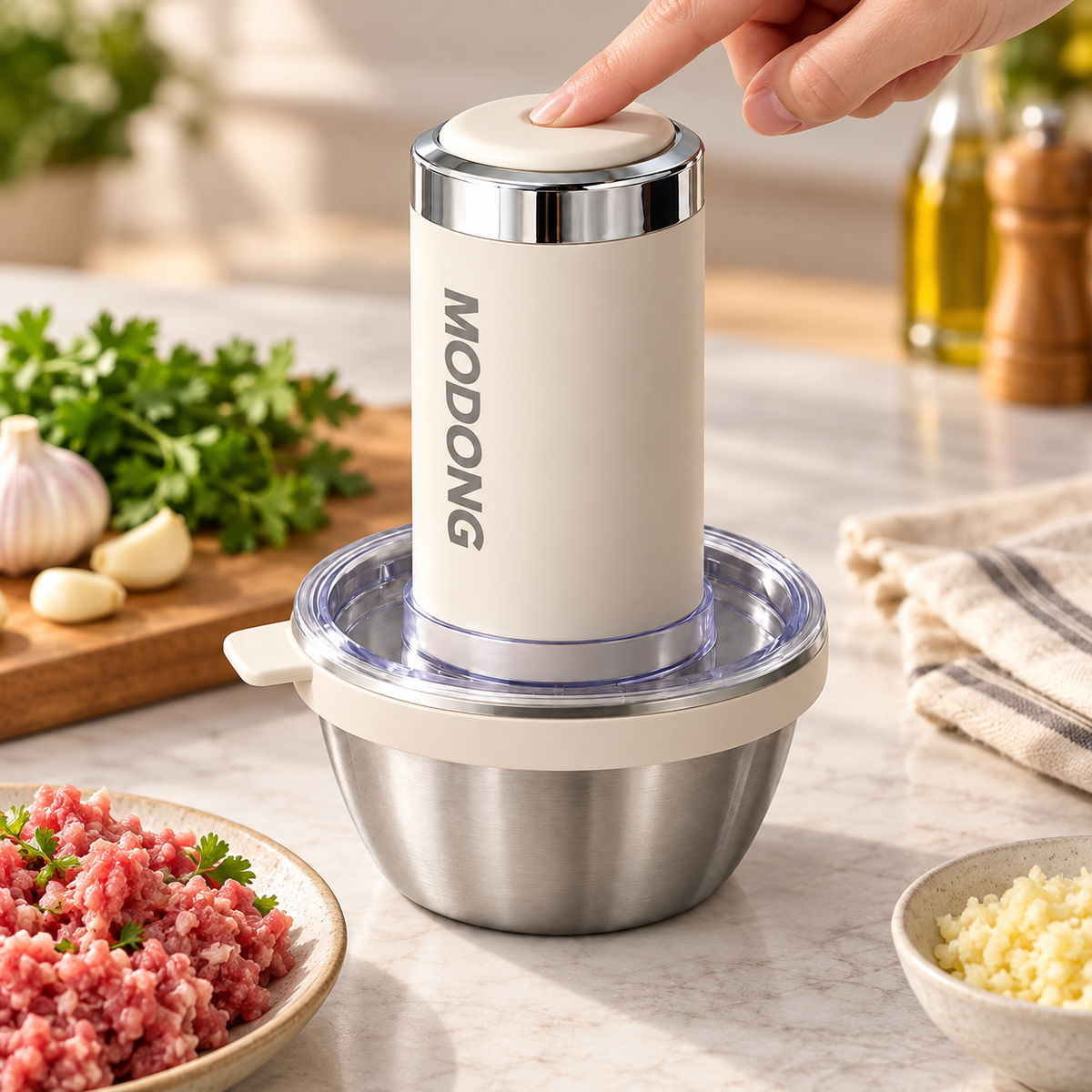 Hand pressing the top button of the cream electric grinder on its steel bowl.