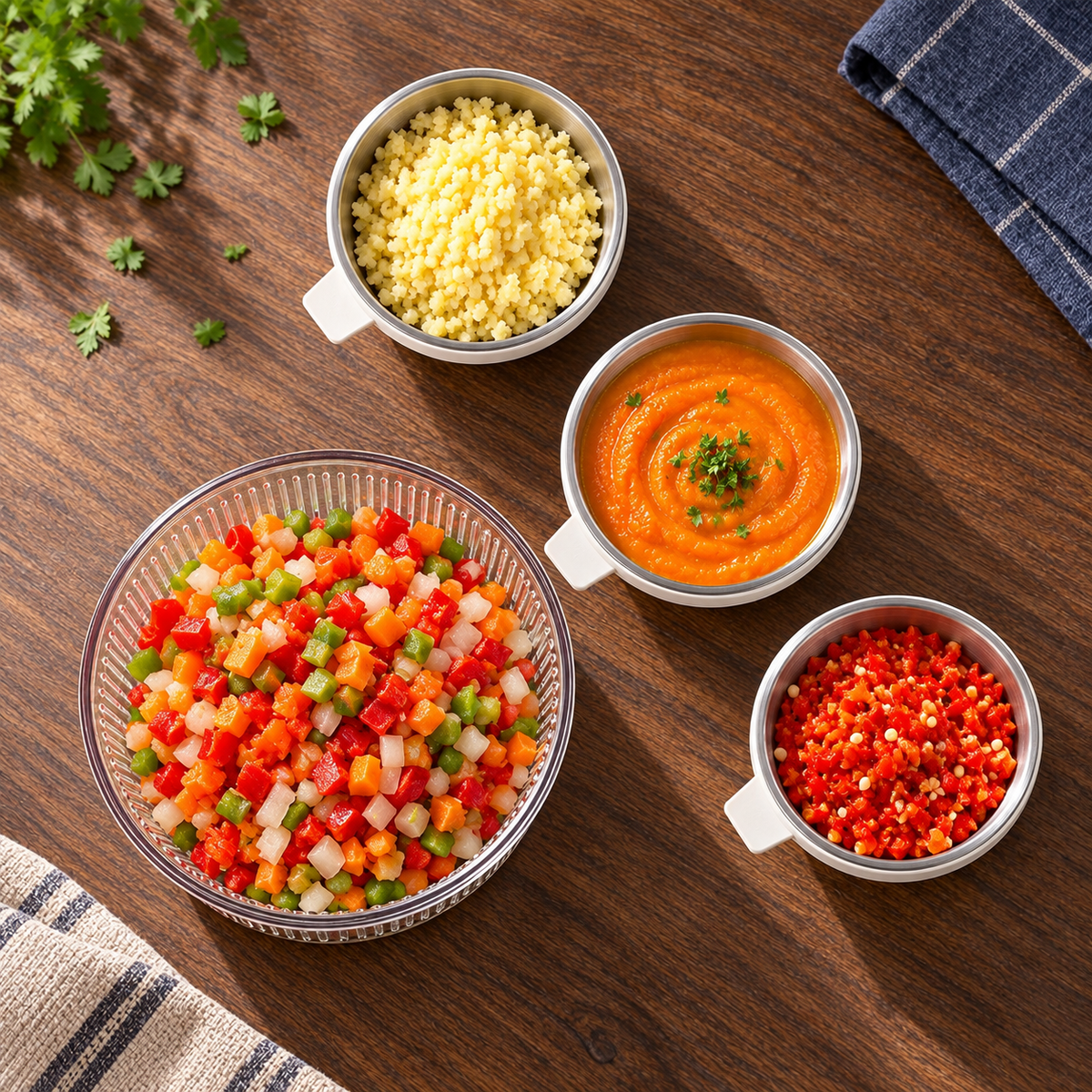 Overhead view of the grinder's glass bowl and three steel bowls; food not included.