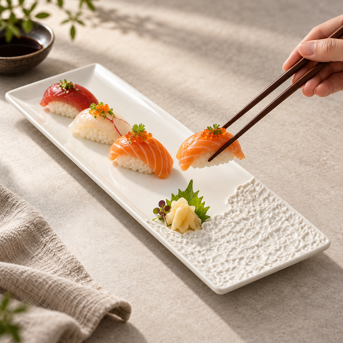 Chopsticks placing sushi on the smooth center of a rock-texture porcelain platter; food and utensils not included.