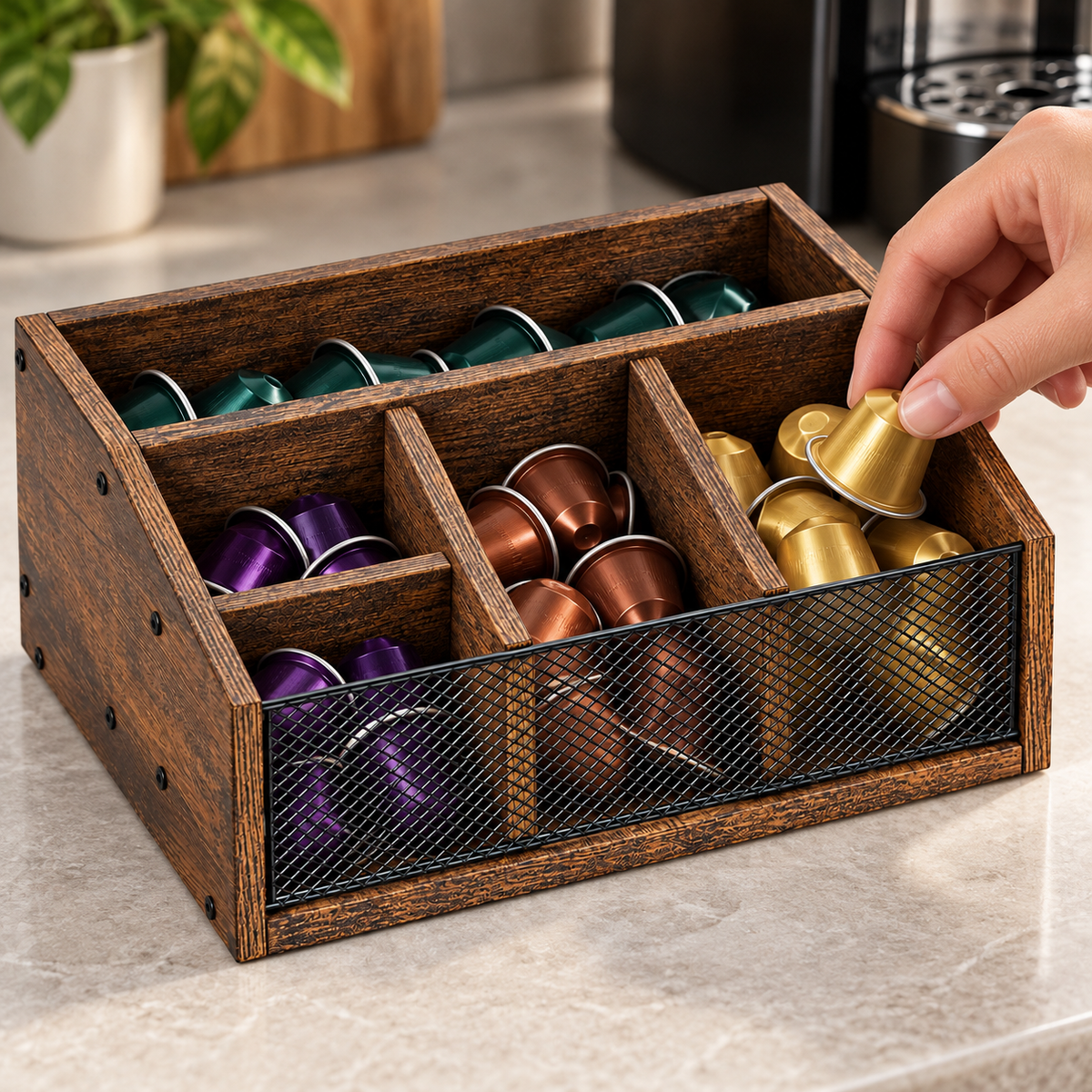 Hand selecting coffee capsule from wood and mesh organizer; supplies not included