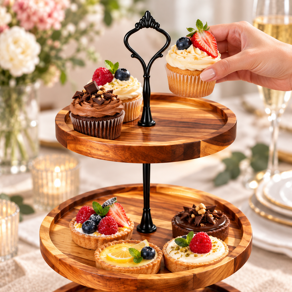 Cupcake lifted from acacia display stand; food not included