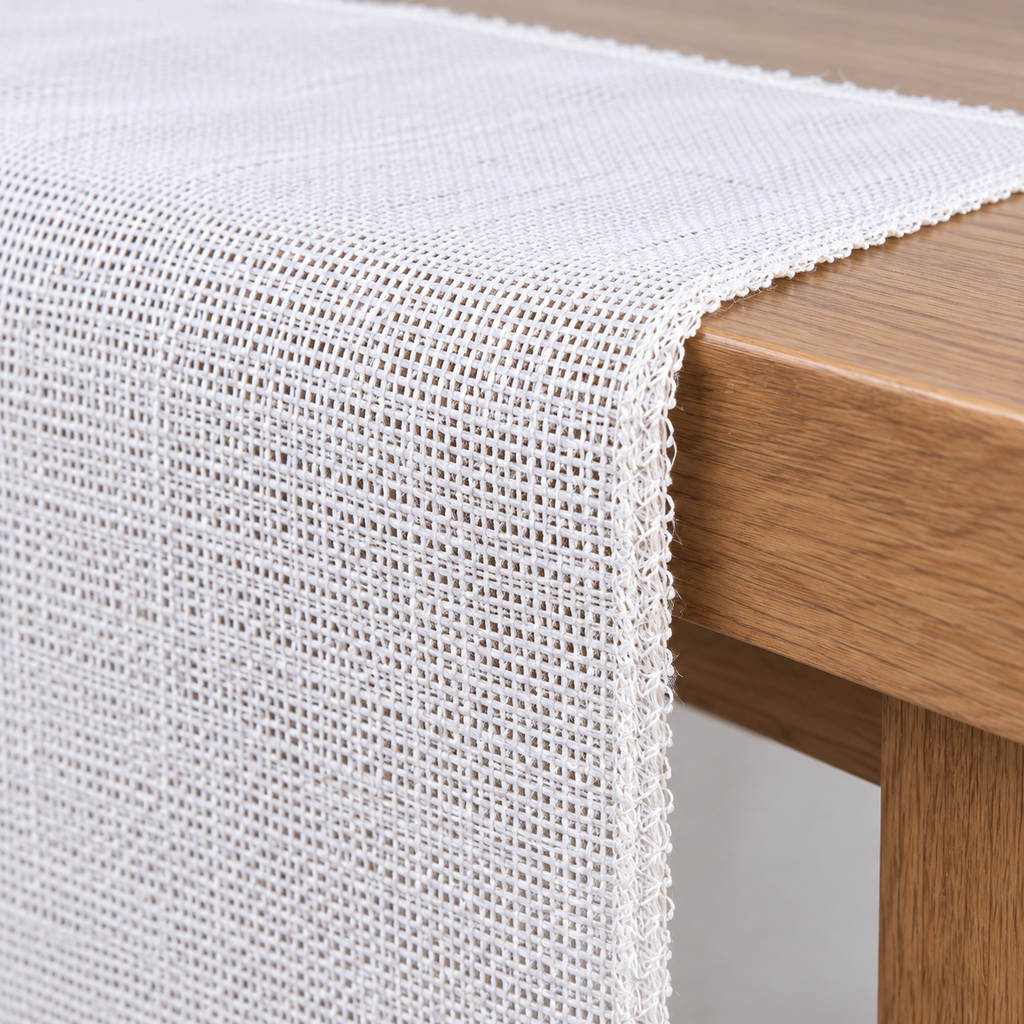 White jute runner draping over a wooden table edge