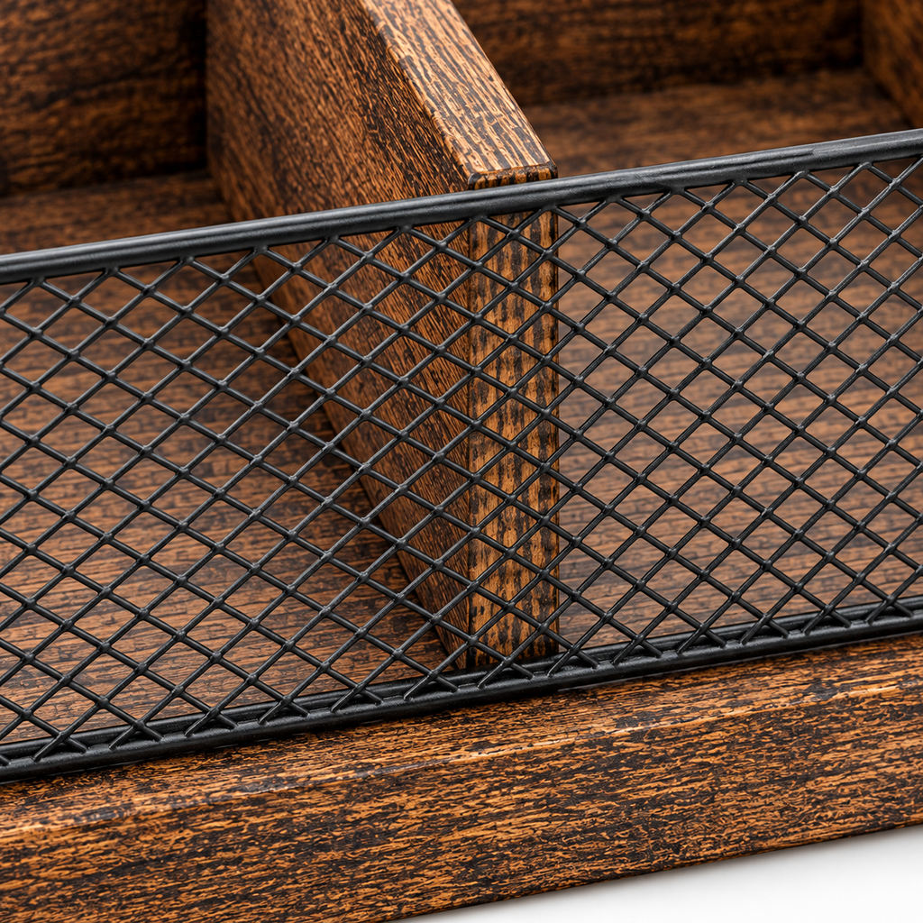 Coffee organizer diamond mesh and wood divider close-up