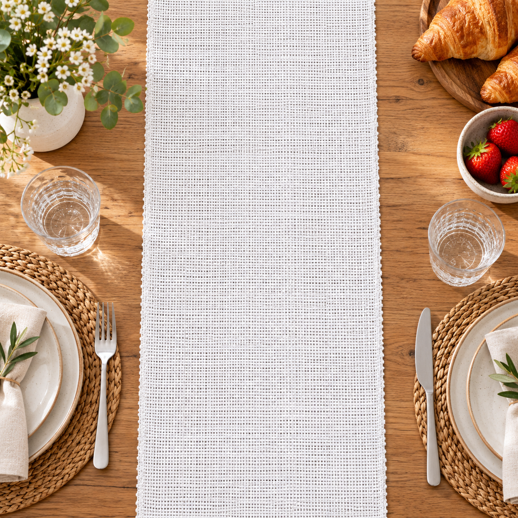 Overhead breakfast setting with white jute table runner