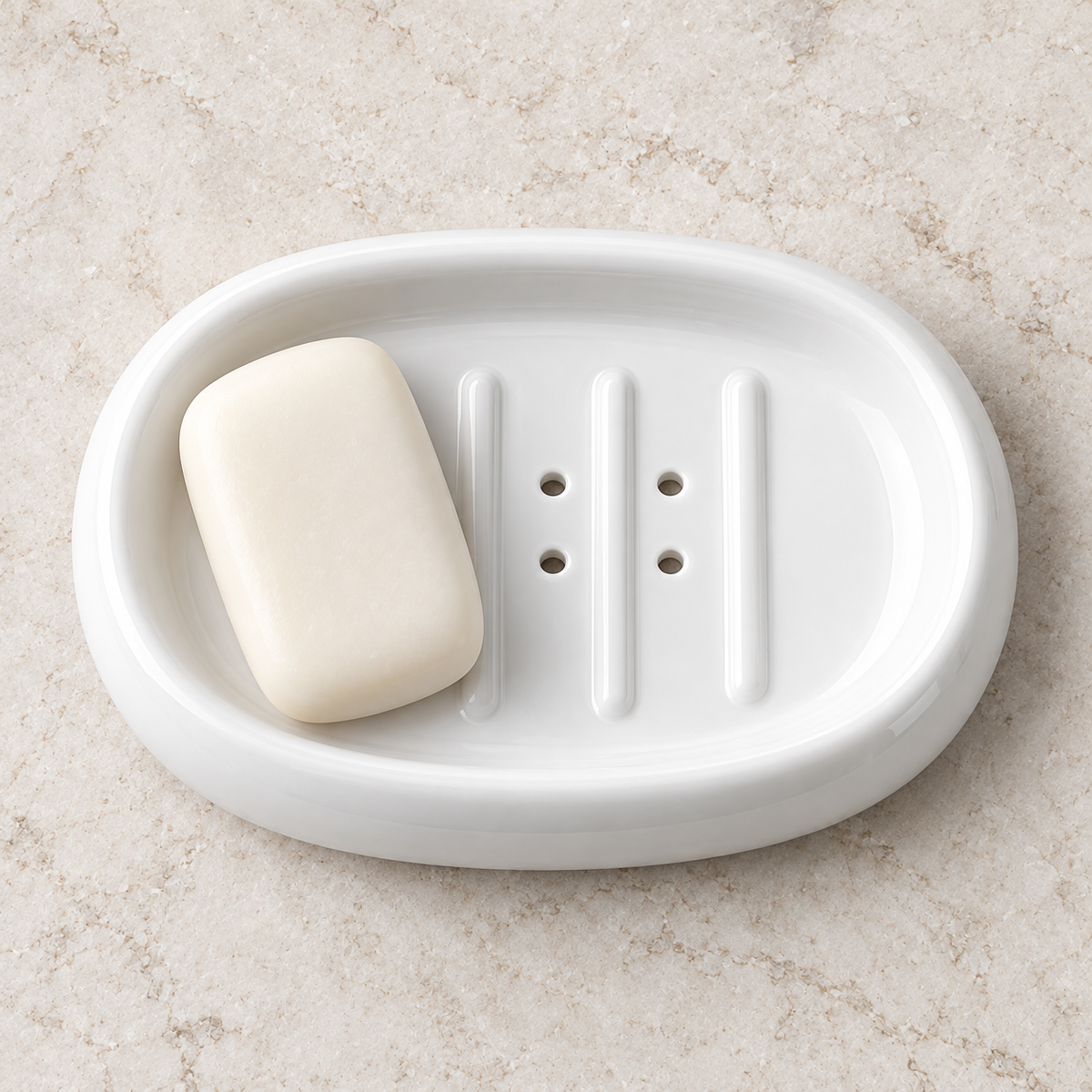 Overhead white porcelain soap dish with raised ribs and drain holes; soap not included