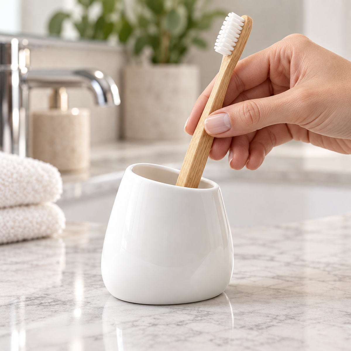 Hand placing toothbrush in slanted-rim porcelain holder; toothbrush not included