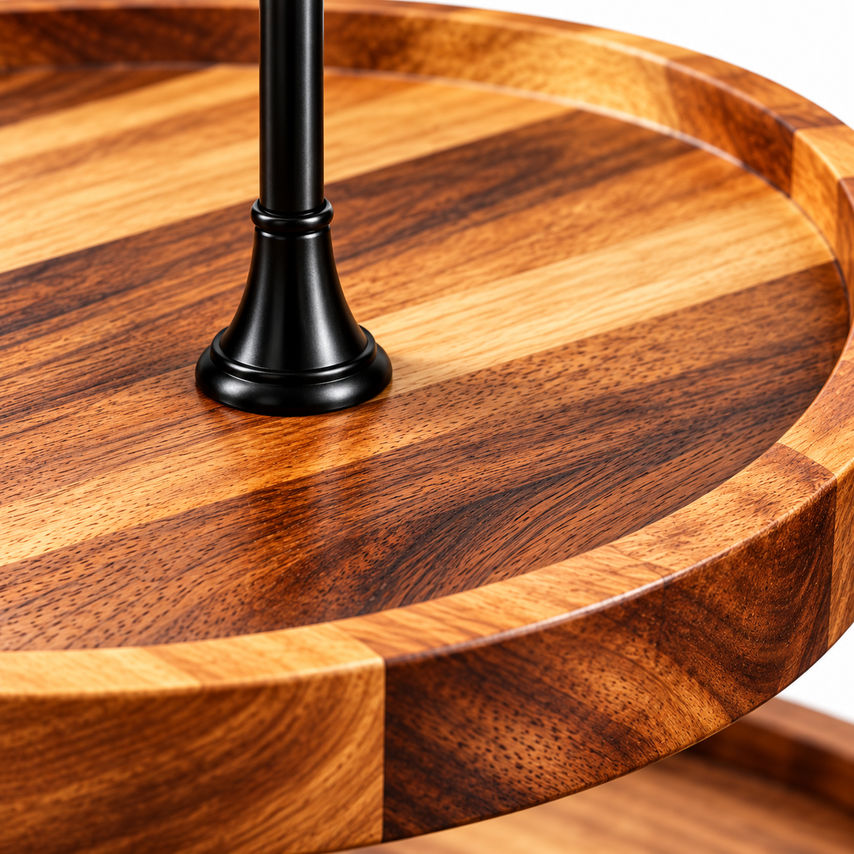 Acacia tier tray grain, raised rim and black center support close-up