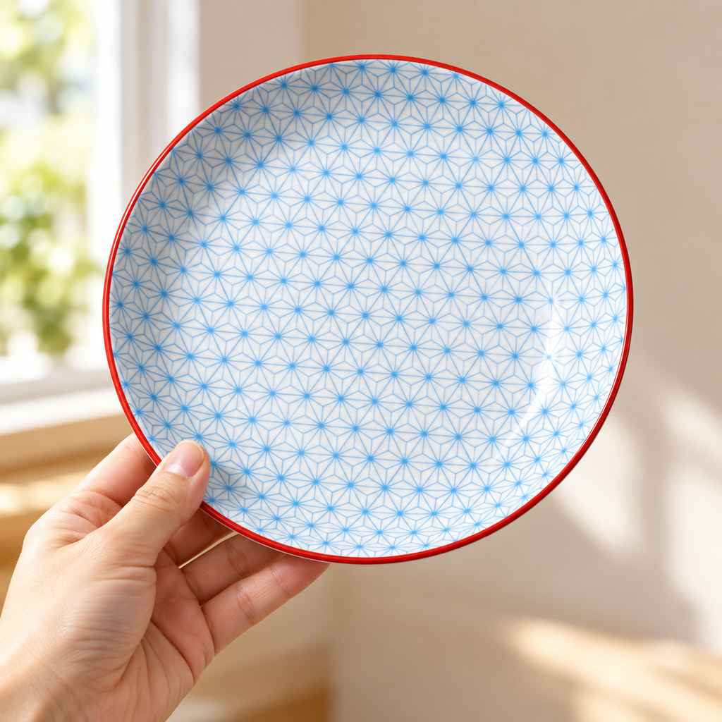 The blue geometric-patterned 7-inch ceramic plate with a red rim held in one hand. One of the four plates in the set.