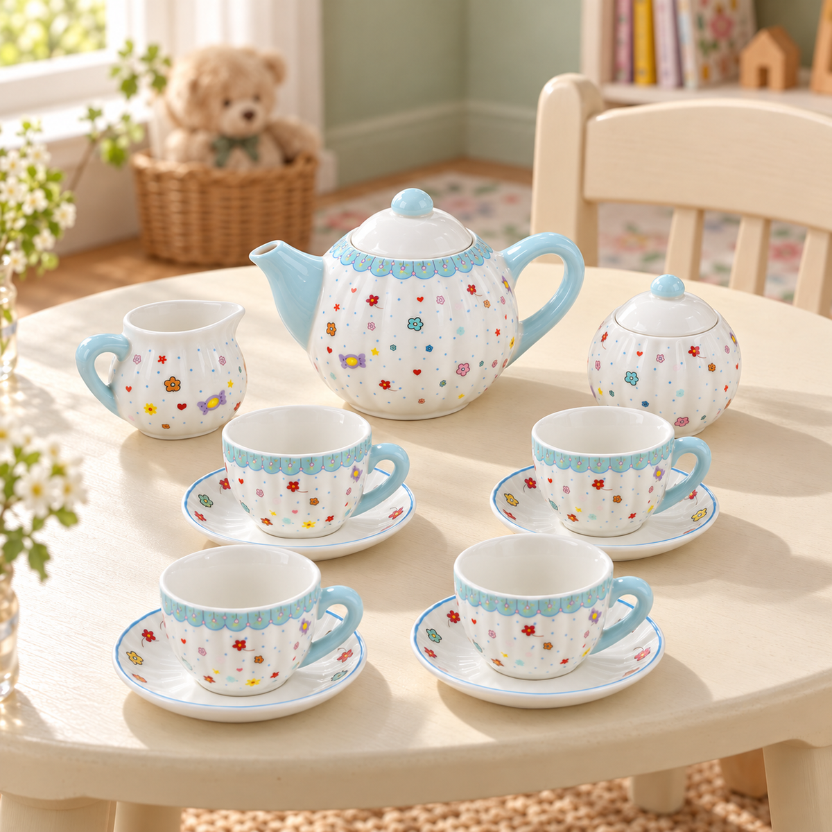 Complete 11-piece children's porcelain tea set: teapot, sugar bowl, creamer, four cups and four saucers