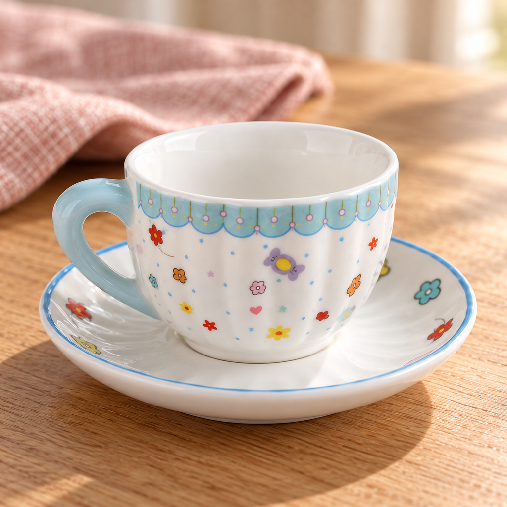 Blue scalloped rim and candy-and-flower decoration on a miniature porcelain cup and saucer