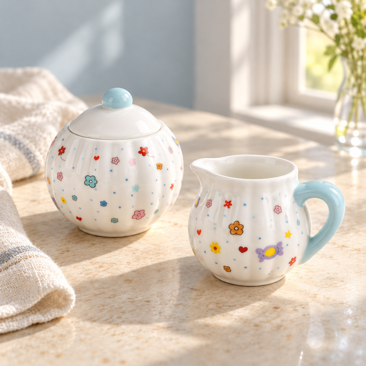 Matching pumpkin-shaped sugar bowl and creamer with colorful floral and candy motifs