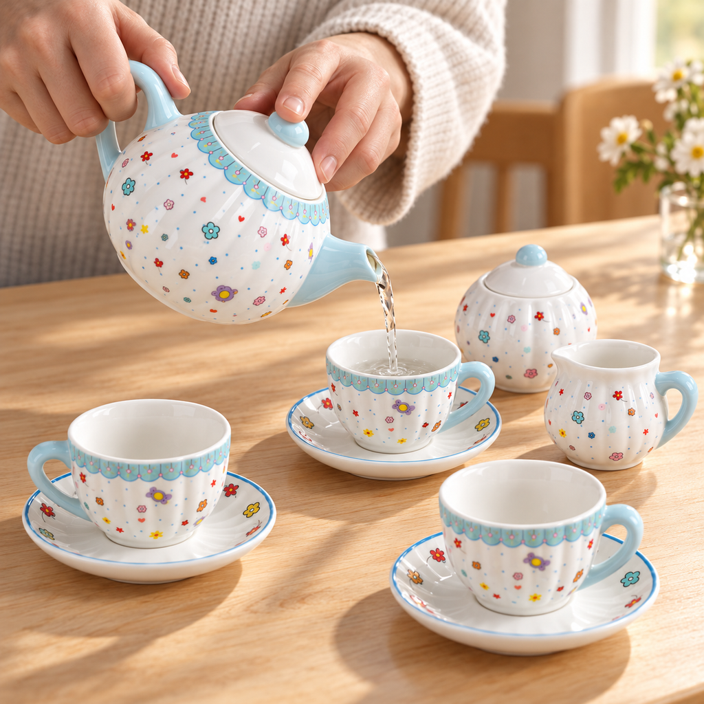 Adult pouring water from the small porcelain teapot into a matching cup