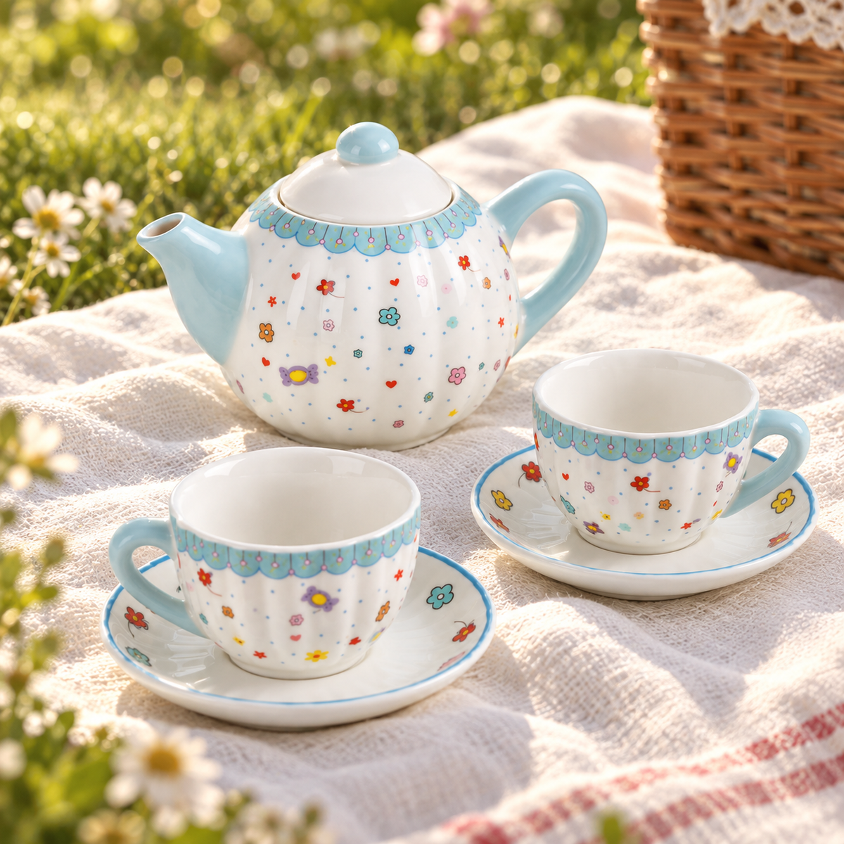 Miniature porcelain teapot and two cups with saucers arranged for a garden tea party