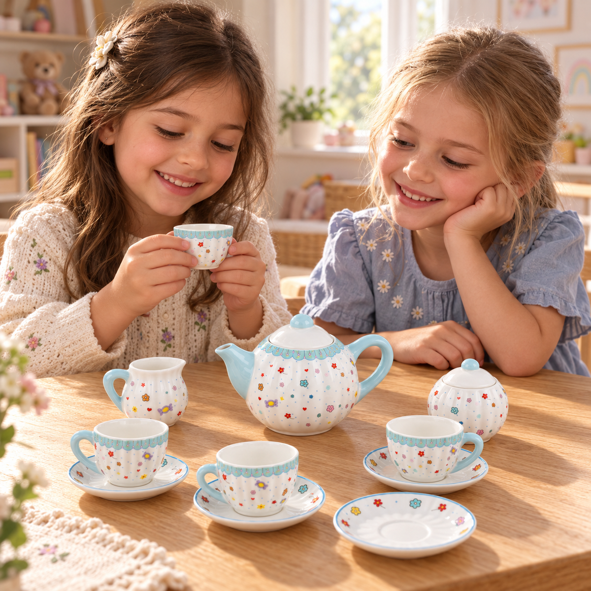 Children enjoying pretend play with the miniature blue-trimmed porcelain tea set