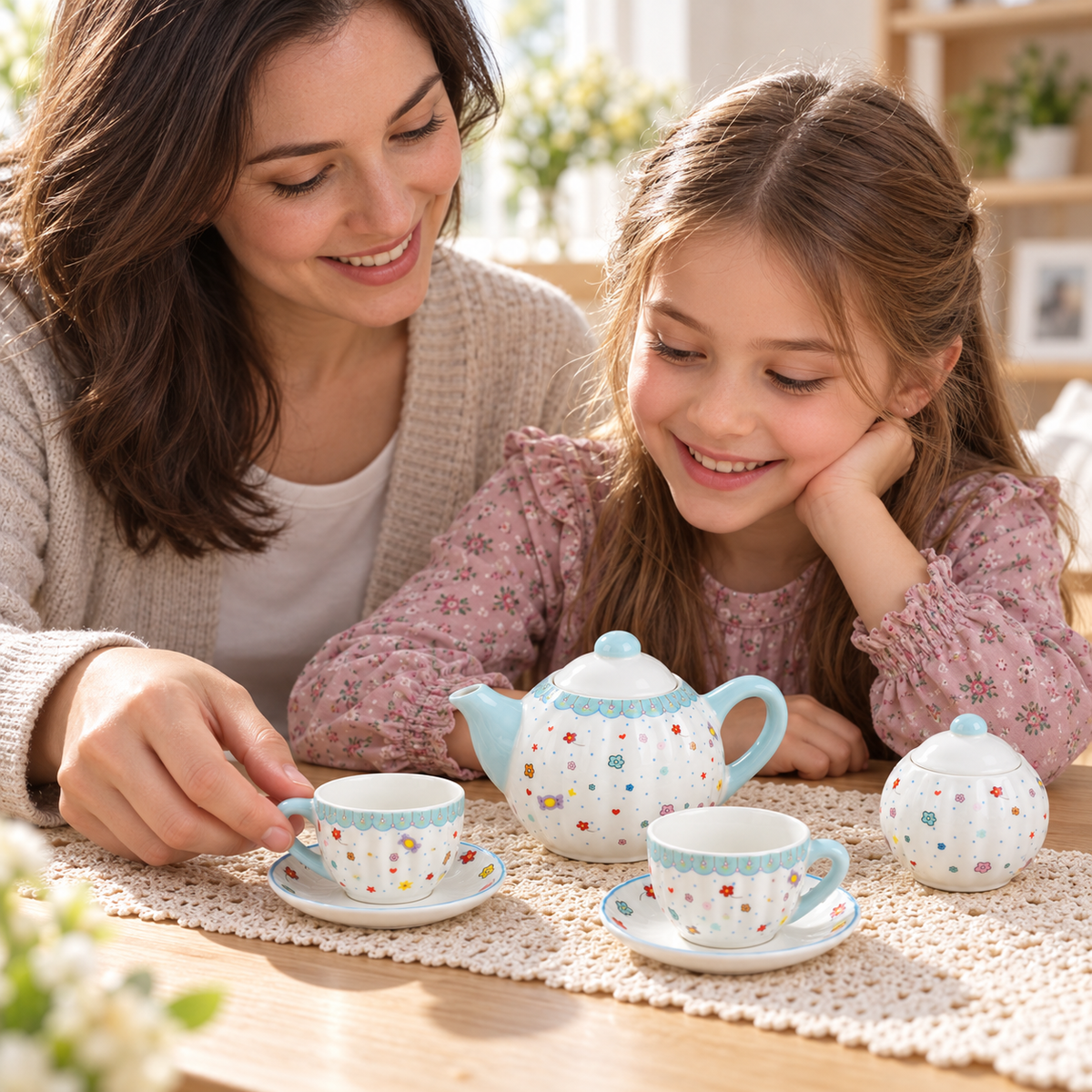 Parent and child arranging miniature cups and saucers at a table