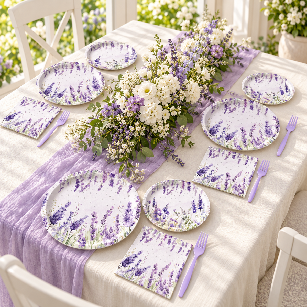 Lavender party tableware on a full lavender party table. Food, flowers and additional decor are styling props, not included.