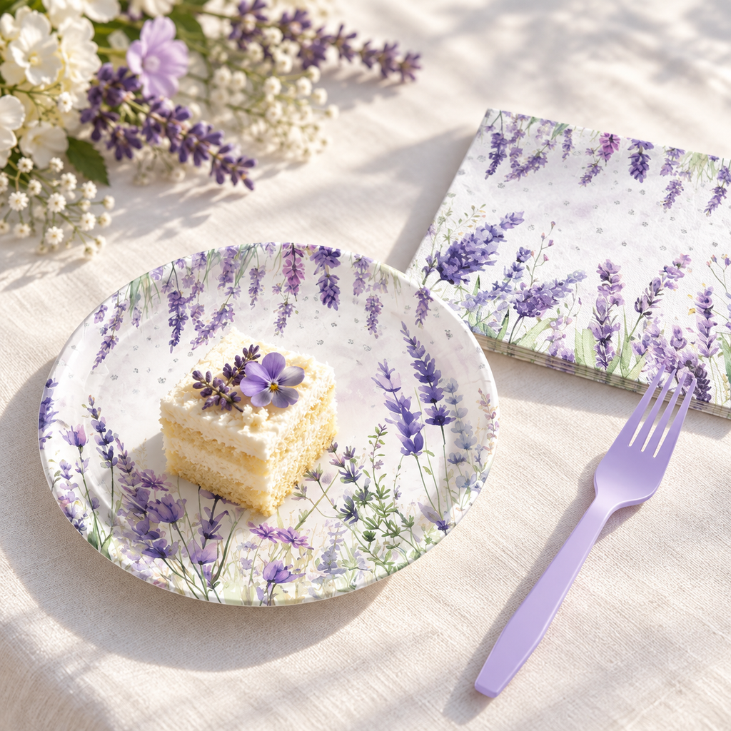 Lavender party tableware in a dessert service. Food, flowers and additional decor are styling props, not included.