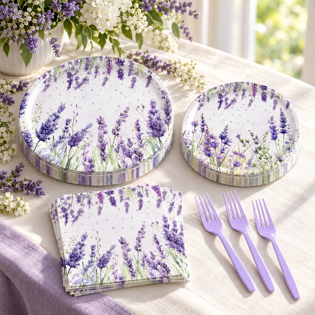 Lavender party tableware in a buffet supply station. Food, flowers and additional decor are styling props, not included.