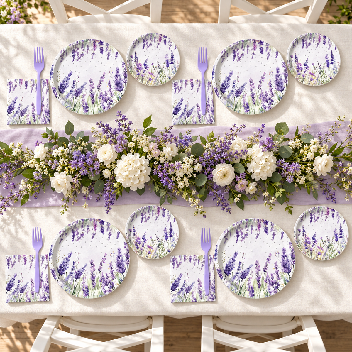 Lavender party tableware in an overhead view of a four-guest lavender table. Food, flowers and additional decor are styling props, not included.