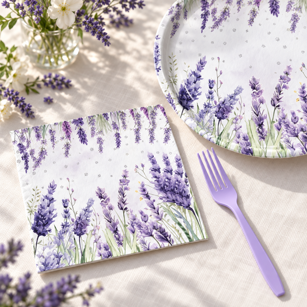 Lavender party tableware in a close-up of the botanical tableware components. Food, flowers and additional decor are styling props, not included.