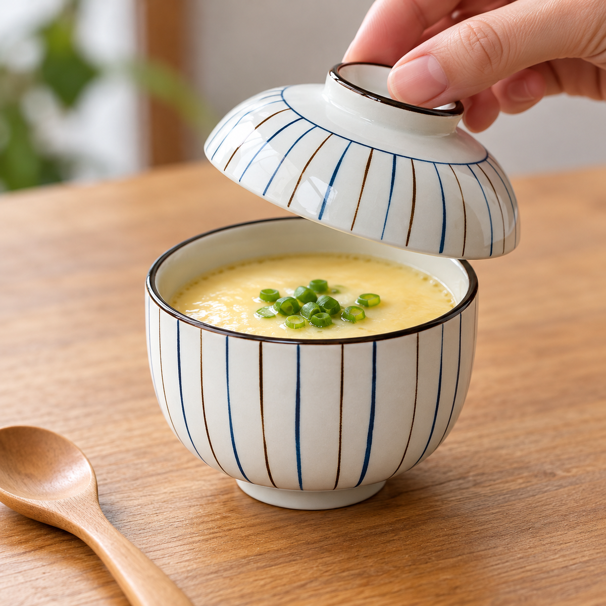 Fine-line ceramic bowl with lid lifted to reveal steamed egg custard