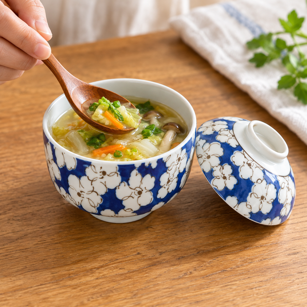 Blue floral lidded ceramic bowl serving a small vegetable soup
