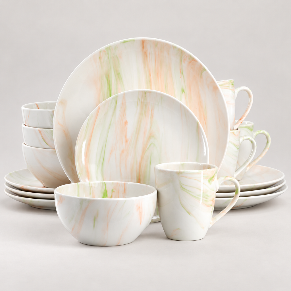 Orange and green marble-pattern dinnerware set, complete 16-piece studio arrangement