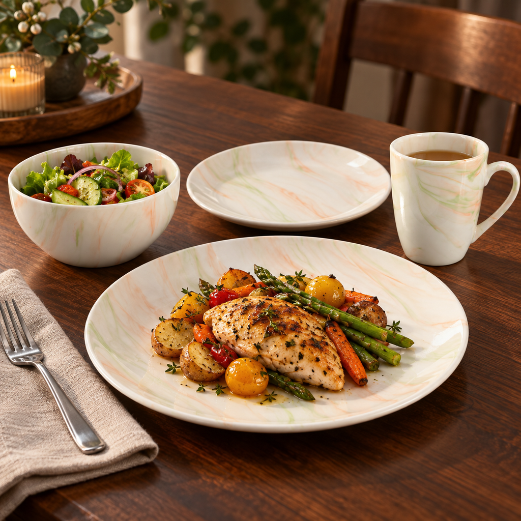 Marble-pattern dinner plate, salad plate, bowl and mug styled with a meal