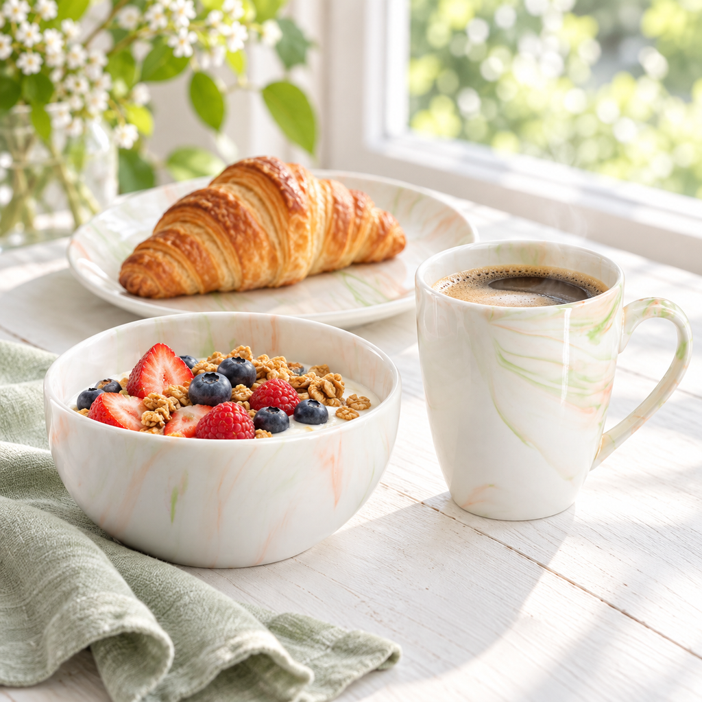 Marble-pattern bowl, salad plate and mug styled for breakfast