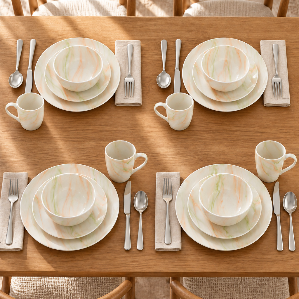 Orange and green marble-pattern dinnerware arranged in four place settings with cutlery oriented toward each diner